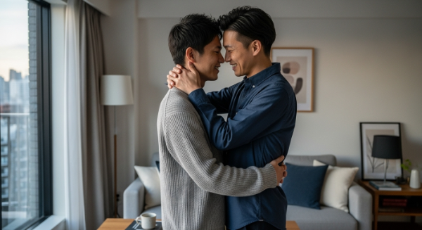 抱き合うゲイ男性2人