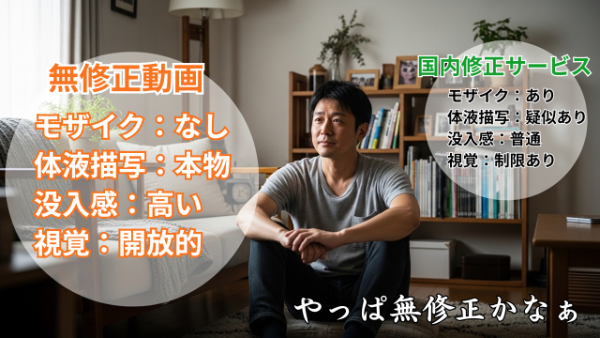 無修正動画と国内修正サービスを比較する男性